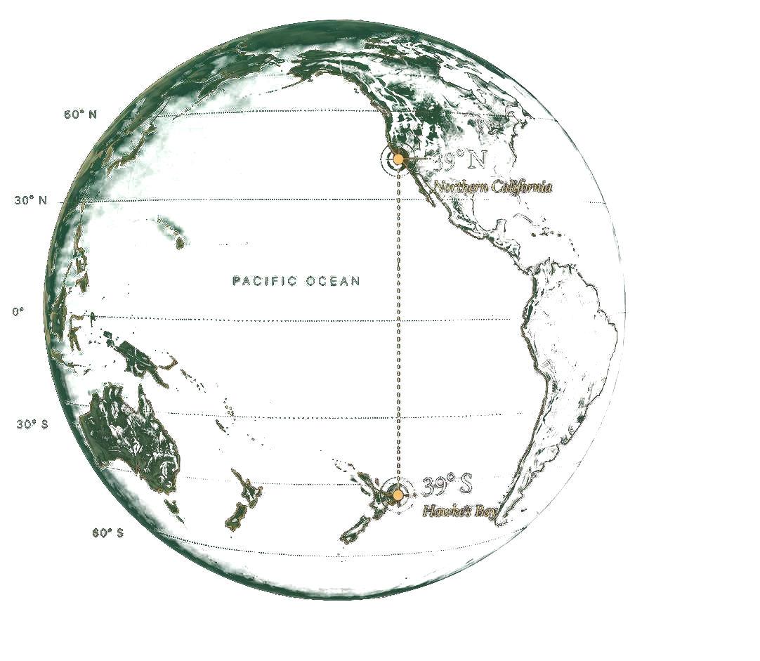 A globe of the Pacific in deep green and gold, lines of latitude marked: Northern California at 39° north, Hawke’s Bay at 39° south, one dashed line joining them across the ocean