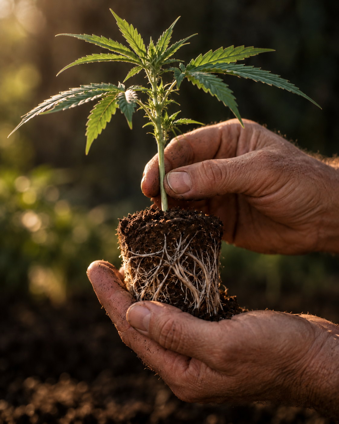 A grower’s hands holding a young plant, its roots bound in soil, in low sun